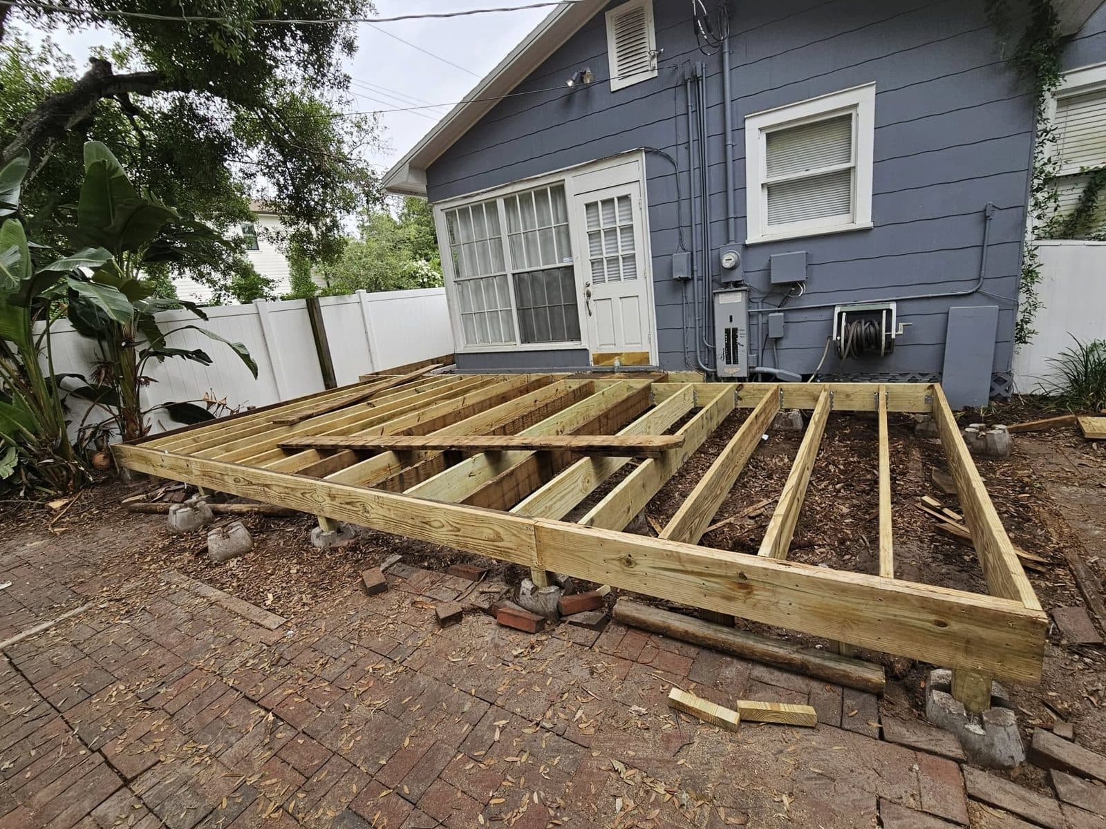 Deck joist framing squared up and ready for decking boards